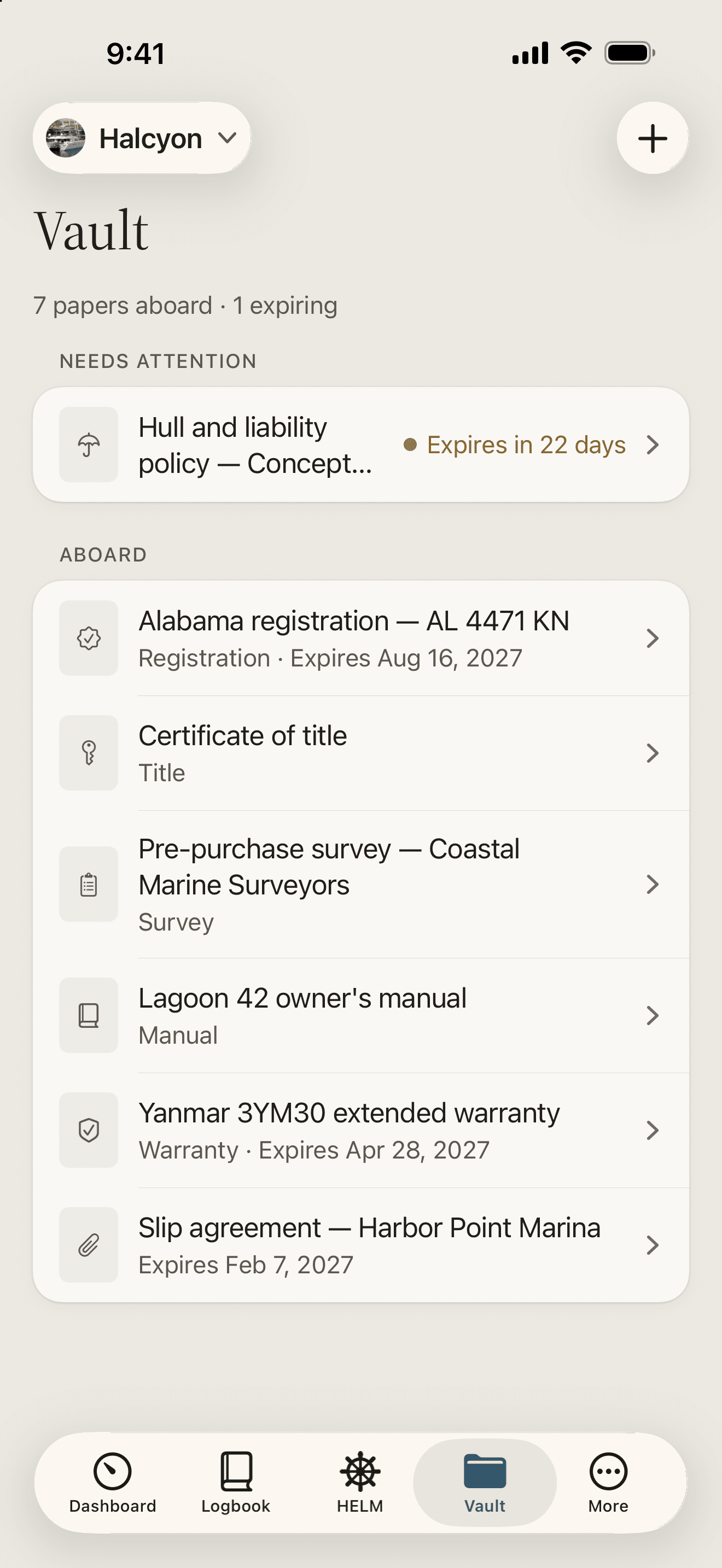 The Vault for Halcyon listing seven papers aboard. A hull and liability policy is flagged as expiring in 22 days; below it are the state registration, certificate of title, pre-purchase survey, owner’s manual, engine warranty and slip agreement, each with its type and expiry date.
